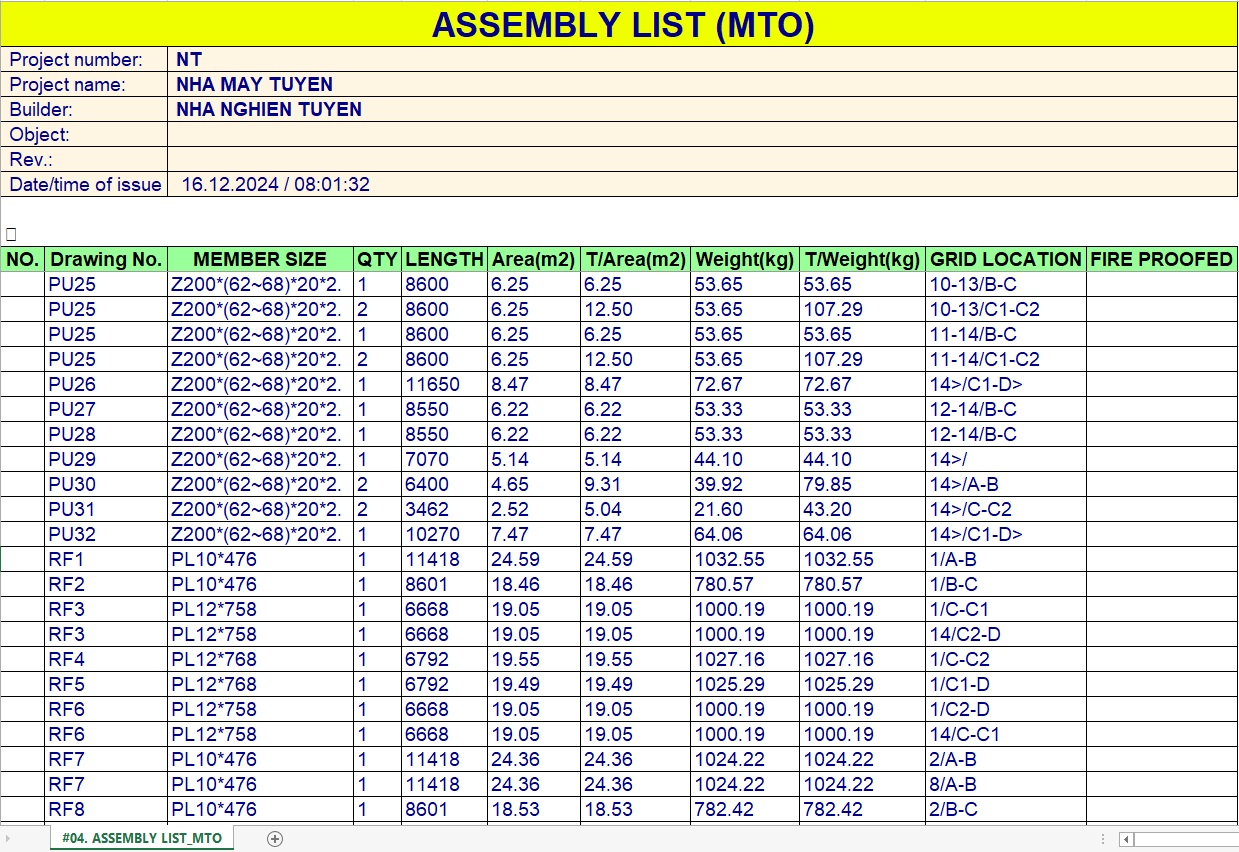 File Report ASSEMBLY_LIST bằng Excel xuất trực tiếp từ Tekla Structures